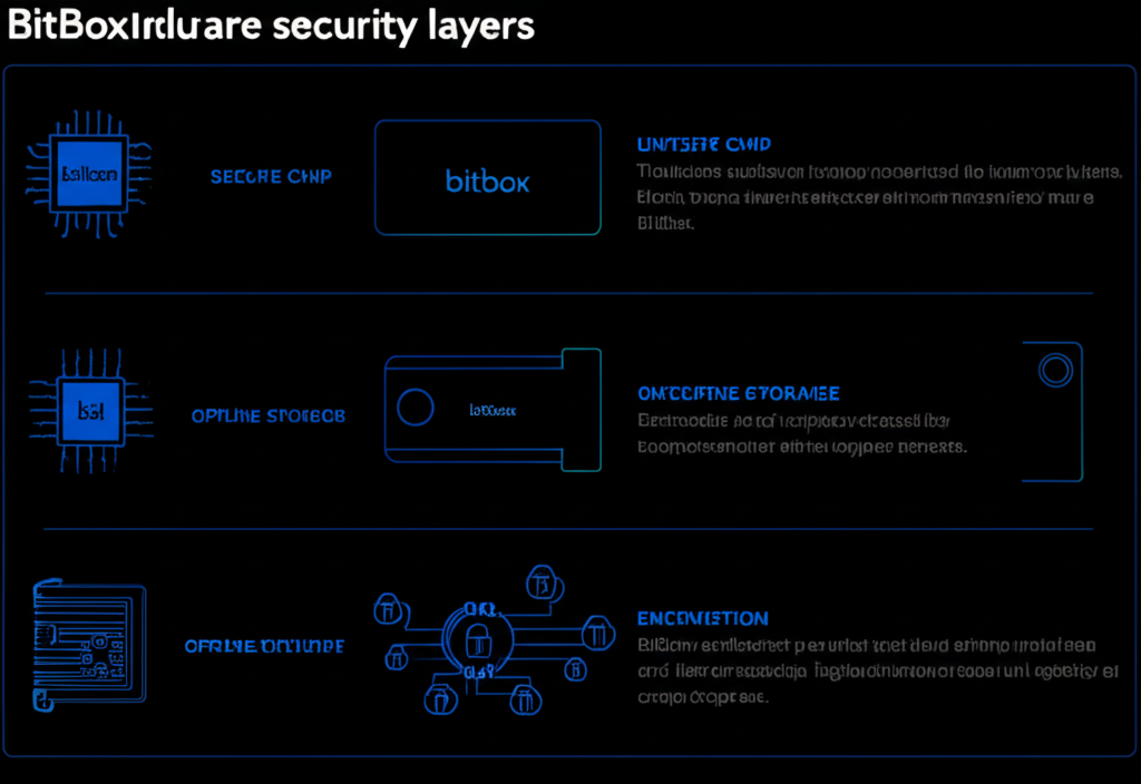 Infographic showing the security layers of the BitBox hardware wallet, including the secure chip and offline key storage.