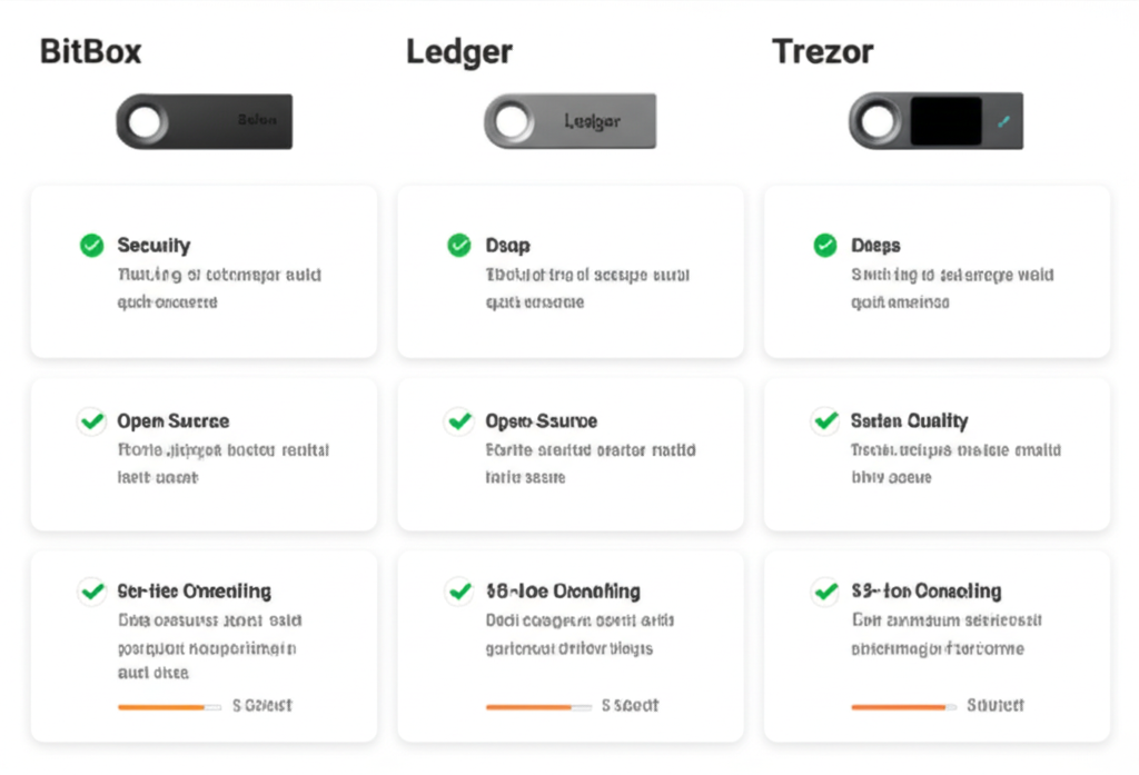 A comparison chart showing the features of BitBox versus other hardware wallets like Ledger and Trezor.
